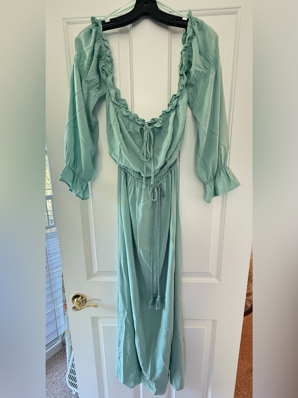 Sage Green off shoulder Ruffle-Trim Maxi Dress